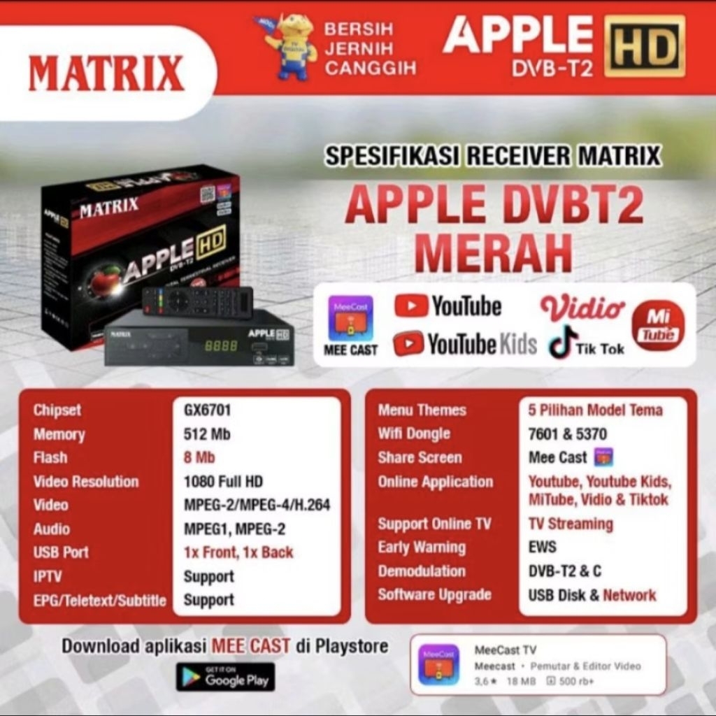 STB Matrix Apple DVBT2 Merah Digital TV