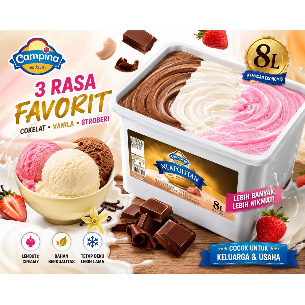 ICE CREAM CAMPINA NEOPOLITAN  8L / ICE CREAM NEAPOLITAN CAMPINA /  ESKRIM CAMPINA 3RASA 8 LITER/ ES 