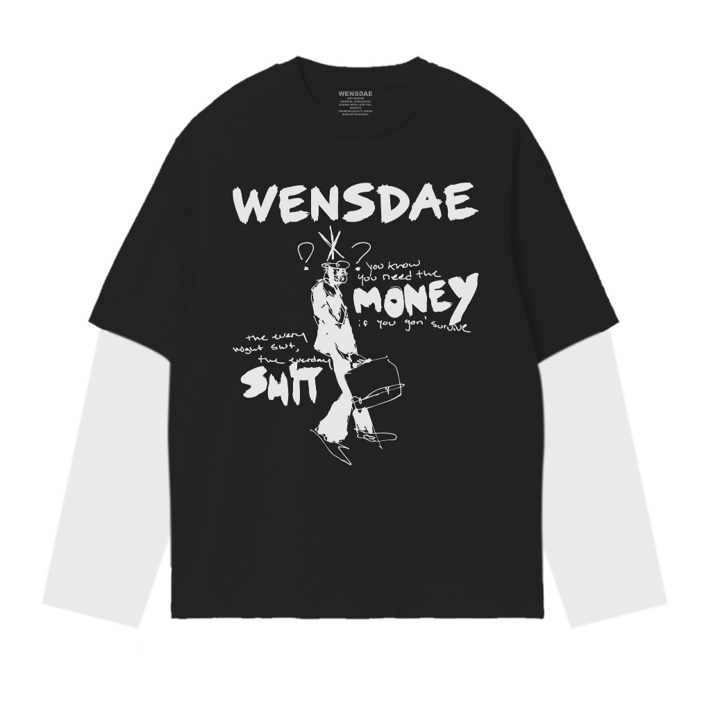 Wensdae T-shirt Double layer Money Smit kaos long sleeve salur pria wanita unisex