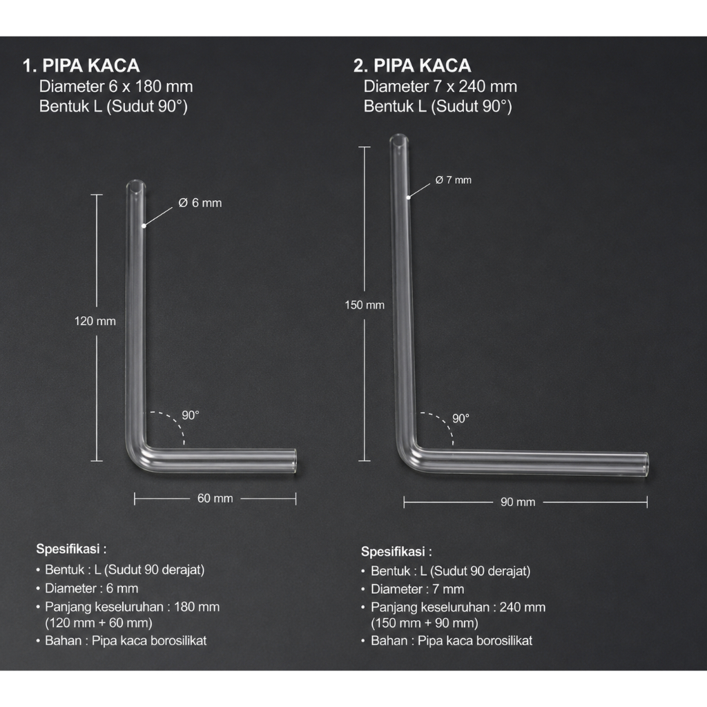 Pipa Kaca diameter 6 x 180 mm, Bentuk L