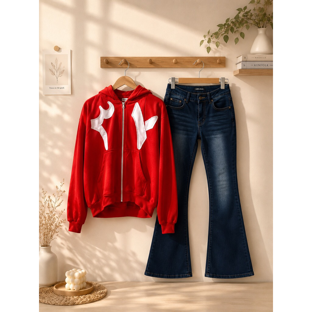 Red Zip Hoodie & Dark Wash Flare Jeans