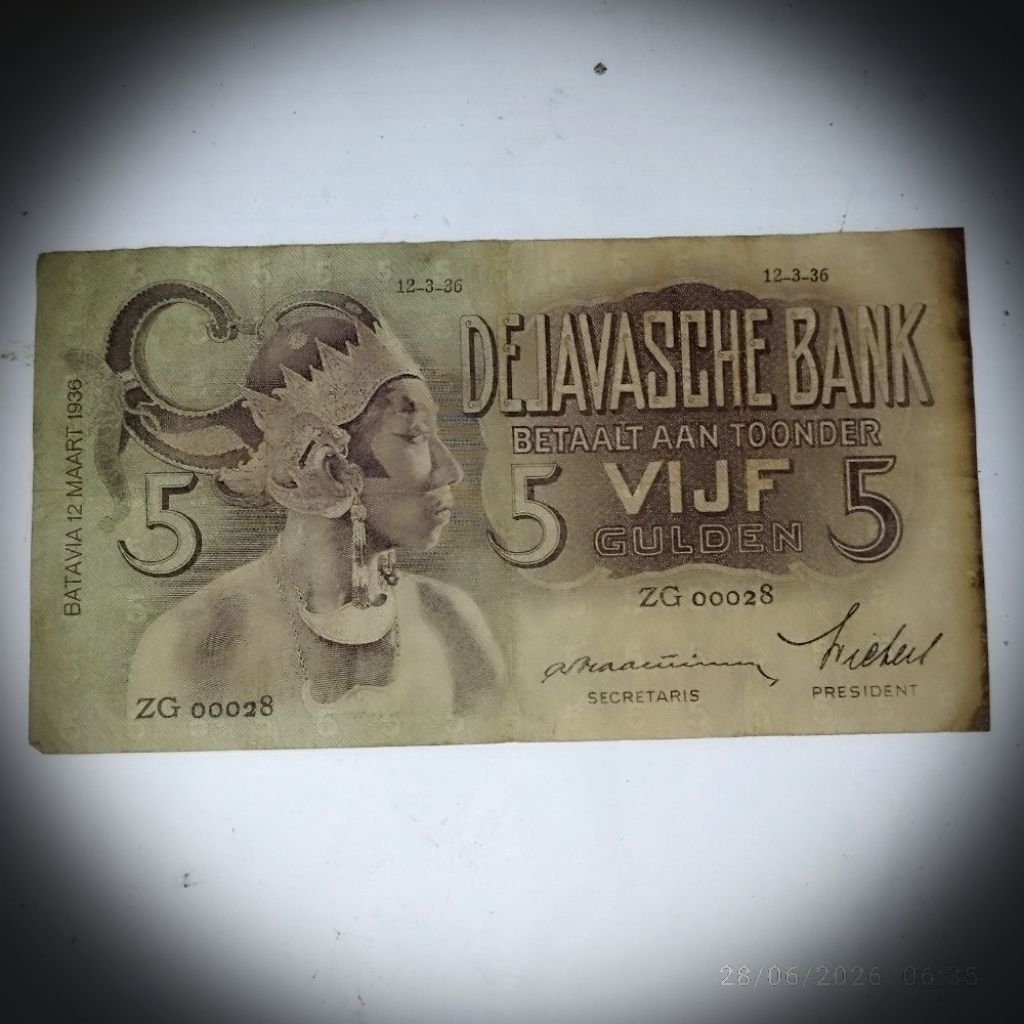 Uang kertas 5 Gulden Belanda 1936 original layak koleksi nomor bagus