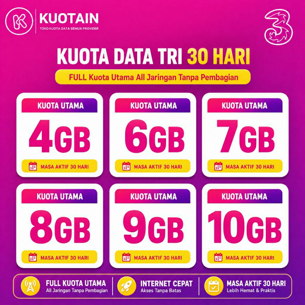 Kuota Data TRI 30 Hari 4GB 6GB 7GB 10GB 15GB 20GB Full Kuota Utama All Jaringan Tanpa Pembagian Masa