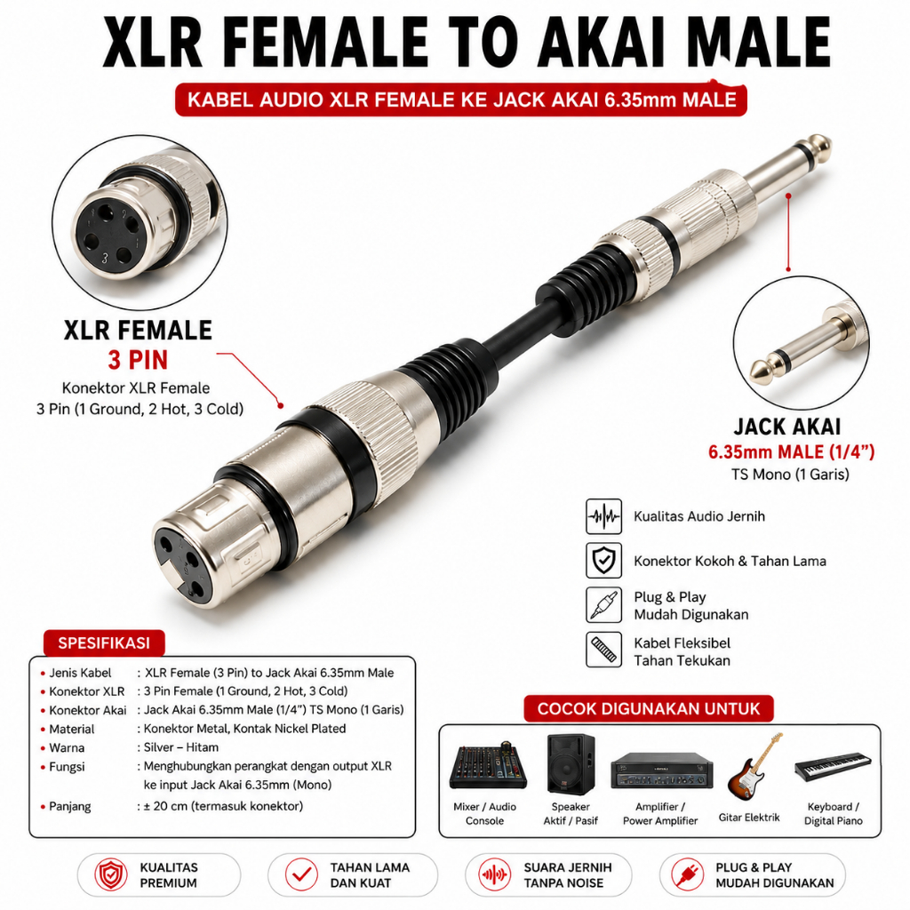 Kabel Audio XLR Female 3 Pin ke Jack Akai 6.35mm Male TS Mono Converter Adapter Mic Mixer Amplifier 