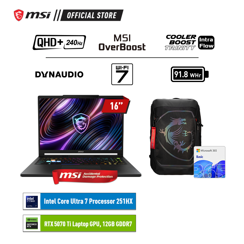 LAPTOP MSI Raider 16 HX B2WH Intel Core Ultra 7 251HX 1TB SSD 16GB RTX 5070Ti 12GB 16" QHD+ W11 Home
