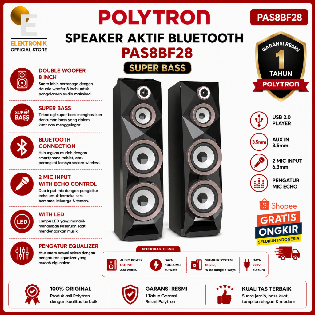 POLYTRON SPEAKER AUDIO BLUETOOTH PAS8BF28 USB SUPER BASS/PAS-8BF28/PAS 8BF28/SPEAKER BLUETOOTH POLYT