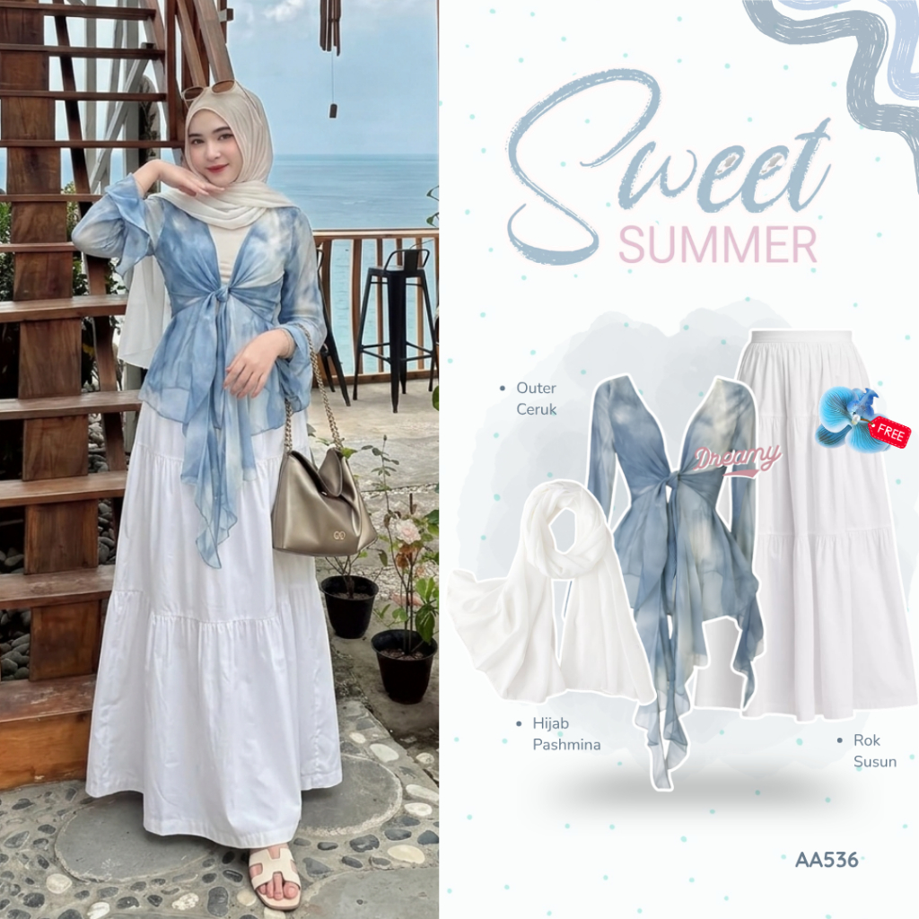 Dreamy - One Set Wanita Kekinian Outfit Pantai (Outer Ceruk + Rok Susun + Hijab Pashmina) OOTD Panta