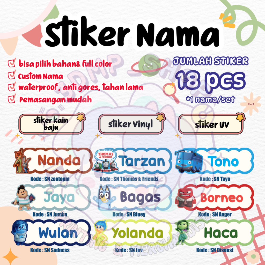 Stiker Label Nama Kain Baju Anak Sekolah Dasar Paud SD Taman Kanak Kanak UV VINYL WATERPROOF Zootopi