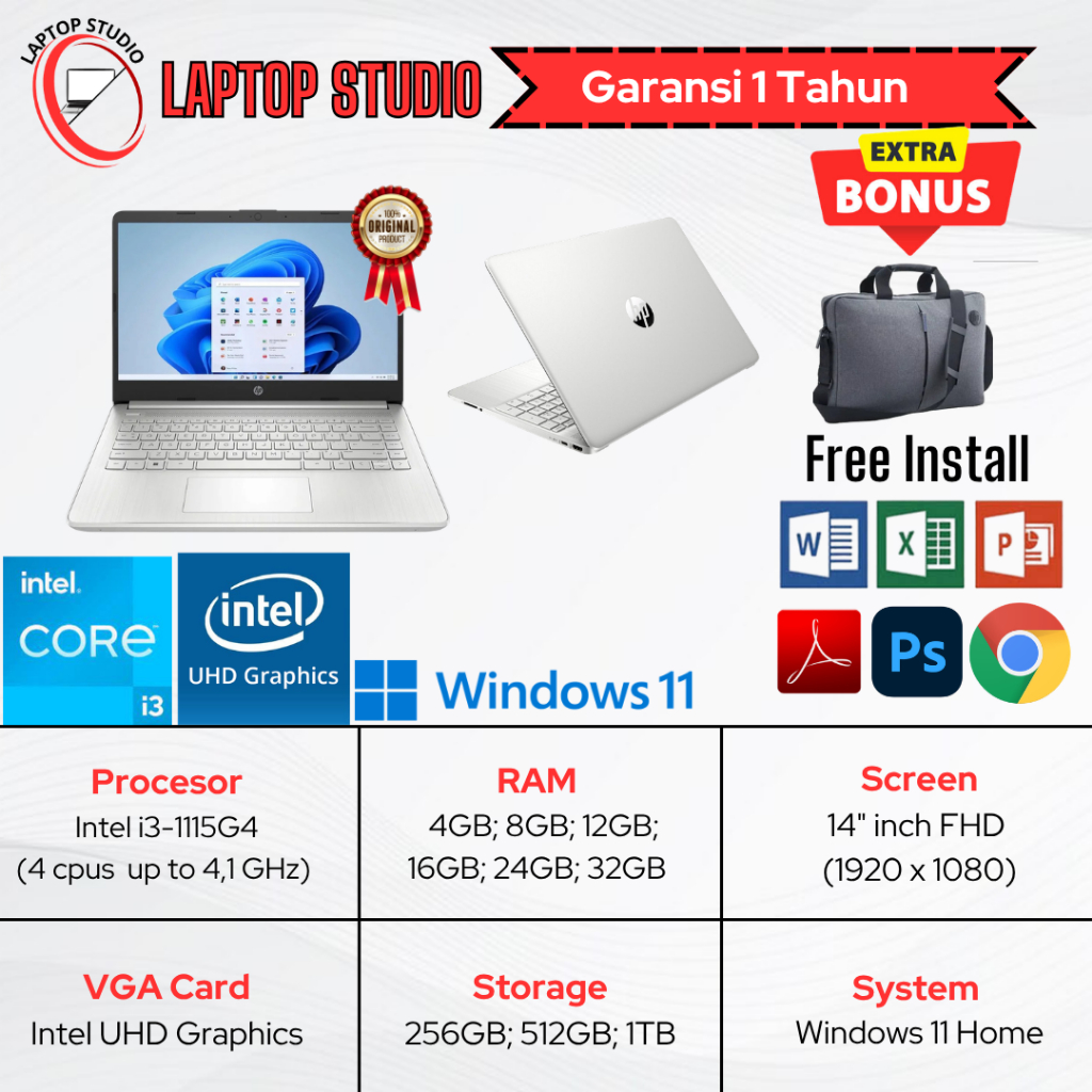 Laptop Baru Hp Intel Core i3 1115G4 | Intel Core i3 1125G4 | Intel Core i3 N305 SSD Silver