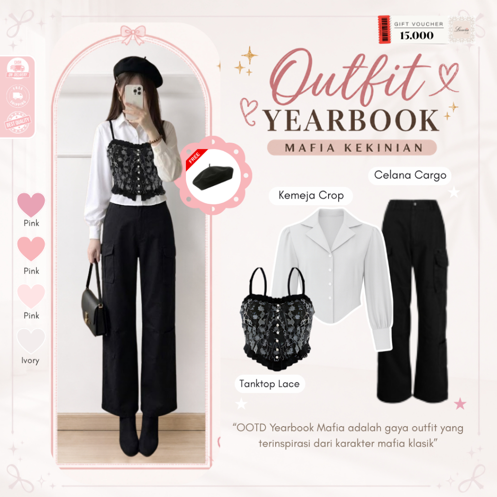Set Outfit Casual Chic Wanita ( Kemeja Crop + Tanktop Lace + Celana Cargo ) Setelan Yearbook Mafia W
