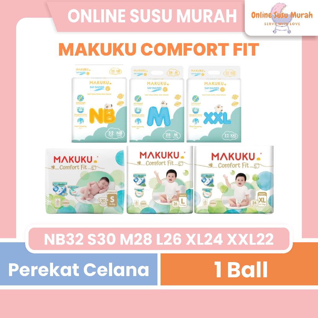 MAKUKU SAP DIAPER COMFORT FIT TAPE NB 32 S 30 PANTS M 28 L 26 XL 24 XXL 22 CELANA PEREKAT PPKS