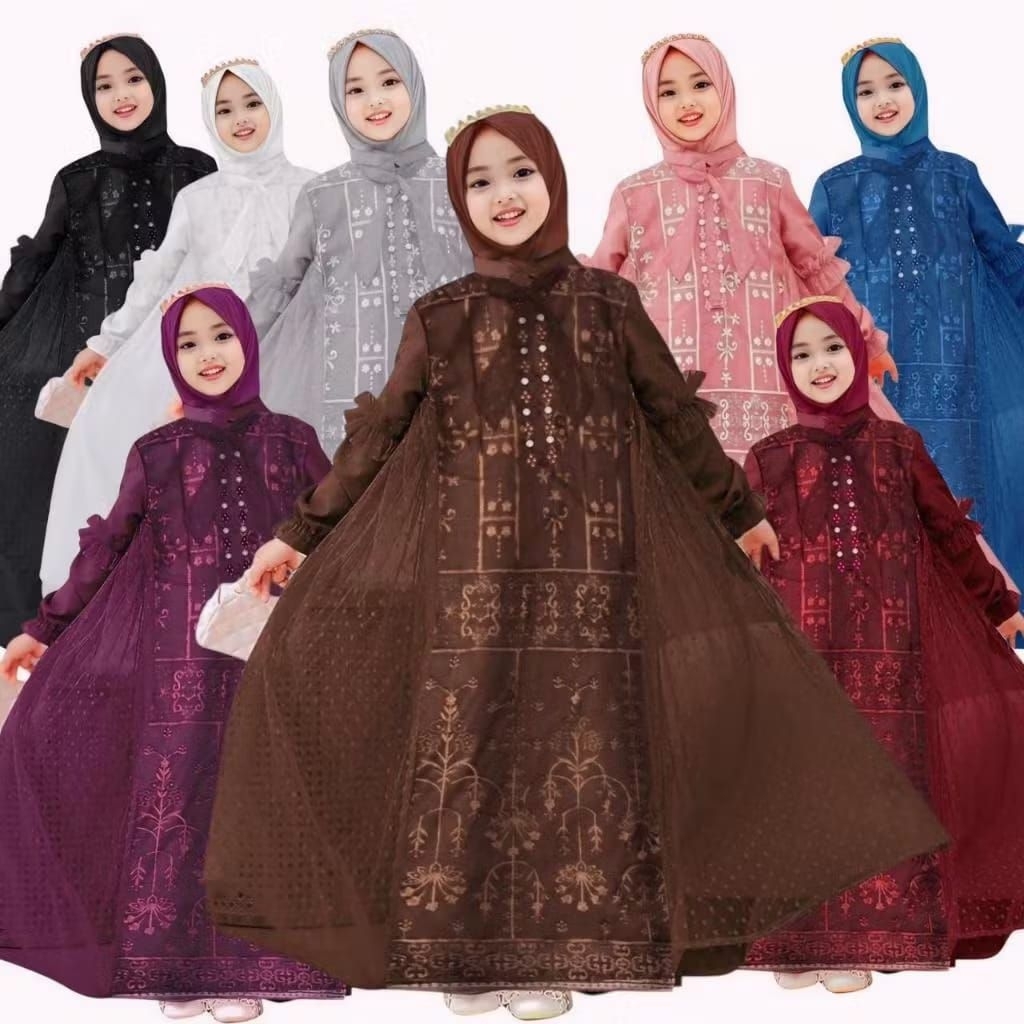 KEYLA - GAMIS ANAK CEWE PEREMPUAN BRUKAT MUTIARA SAYAP TILE POLKADOT UMUR 2-13 TAHUN WARNA COKLAT MA
