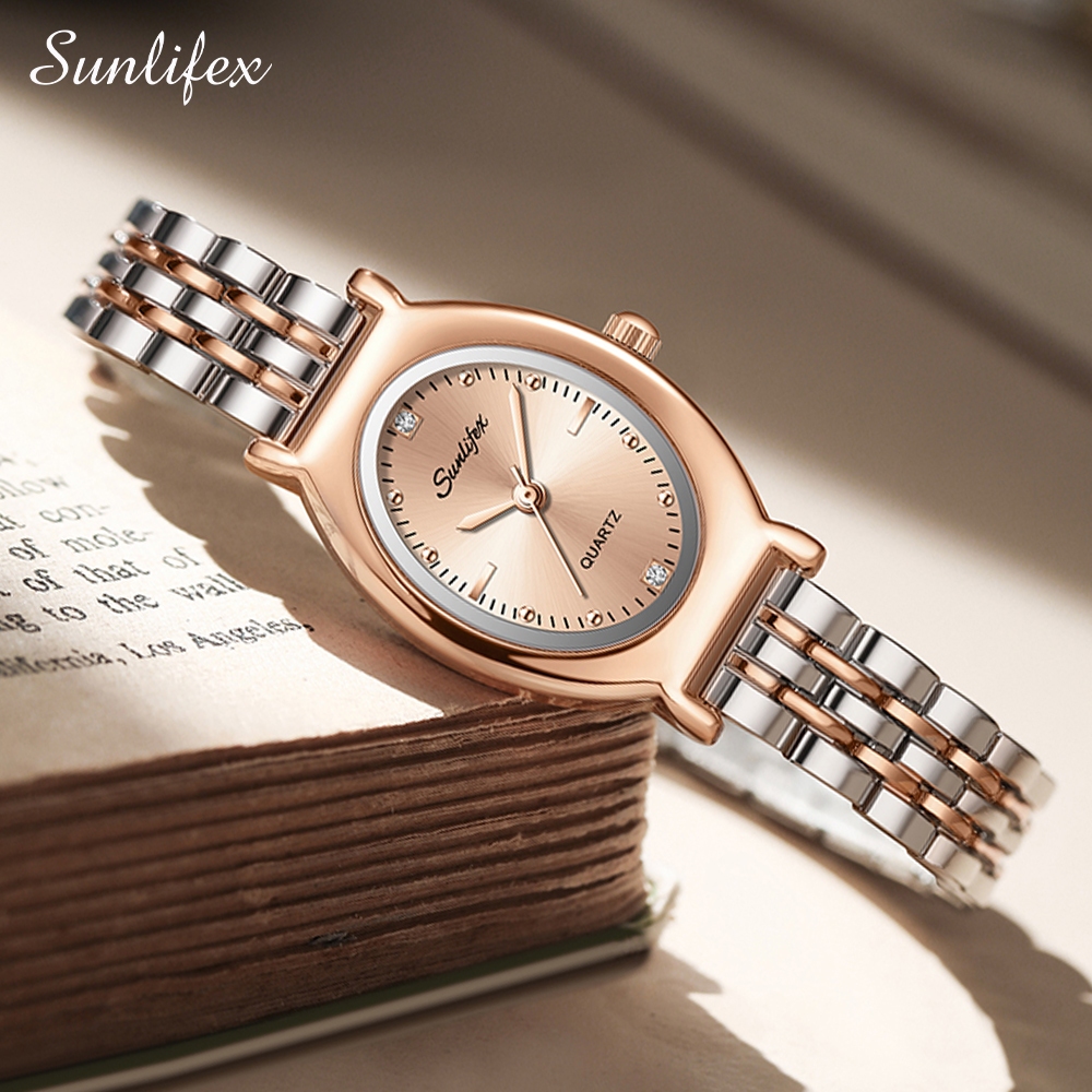 Sunlifex Jam Tangan Wanita Original Oval Korea Elegan Vintage Kuarsa Tali Alloy Jam Tangan CewekA008