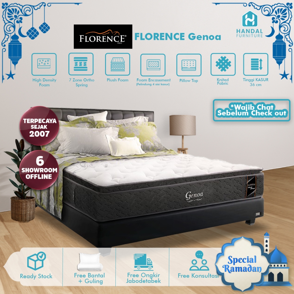 Kasur Springbed Florence Genoa 100x200, 120x200, 160x200, 180x200, 200x200 Pillow Top Anti Nyamuk De