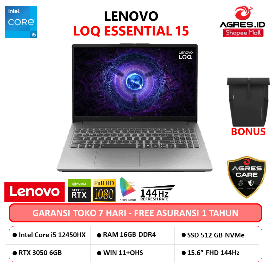 LENOVO LOQ ESSENTIAL 15AX9E I5 12450HX RTX3050 6GB/ 16GB 512GB W11+OHS 15.6FHD 144HZ 100SRGB BLIT 2Y