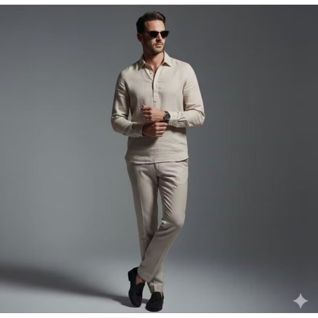 Kemeja Linen Pria kerah Lengan Panjang Kasual Baju pantai pria premium setengah kancing Berkerah Kor