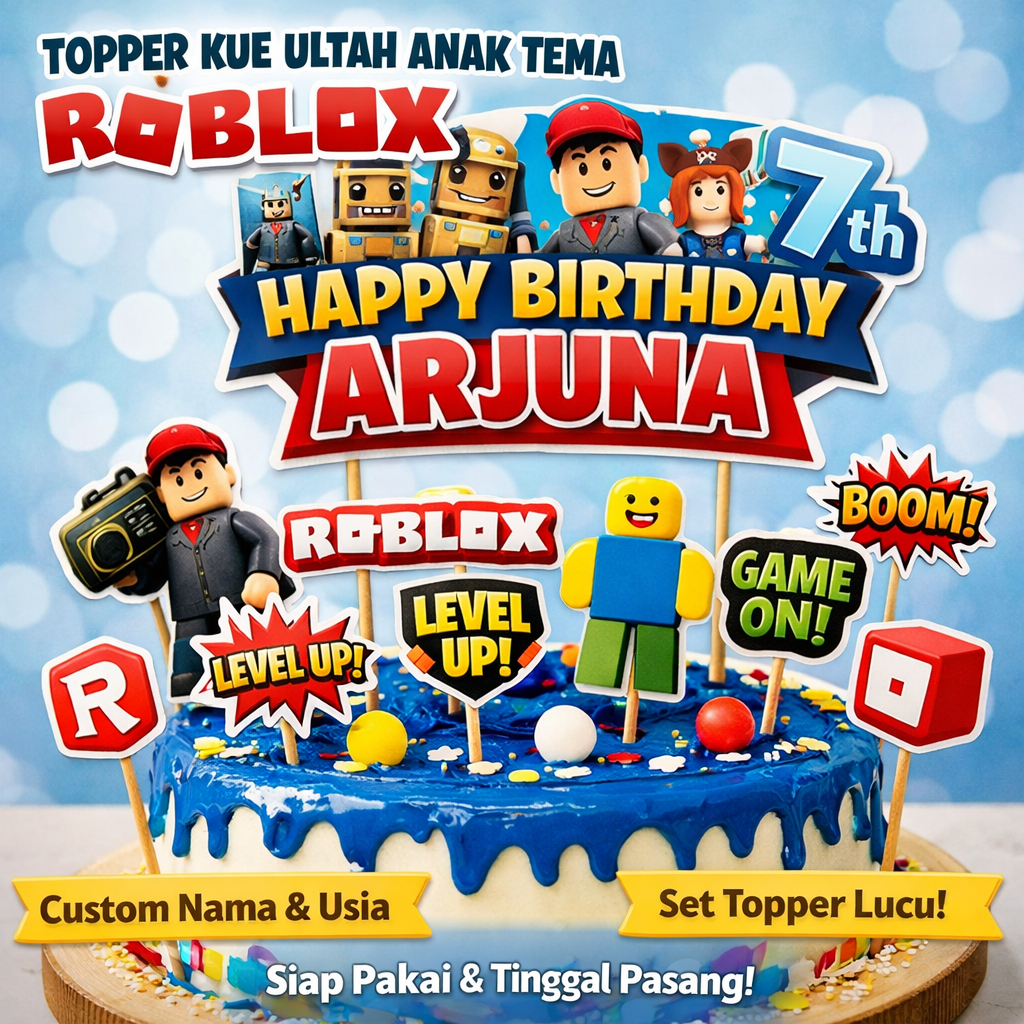 Topper Kue Ulang Tahun Anak Tema Roblox Cowok – Custom Nama & Usia | Banner + Topper Karakter | Siap