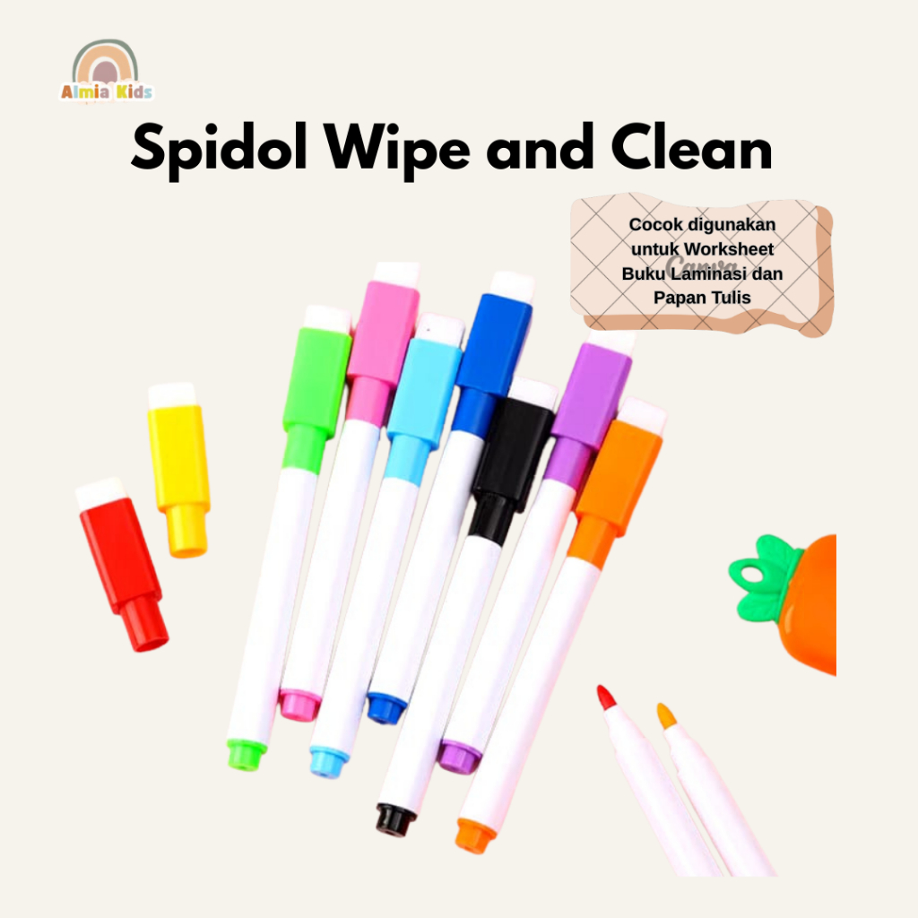 Almia Kids - Spidol Wipe Clean Warna Warni dilengkapi Penghapus Cocok untuk Worksheet Buku Aktivitas