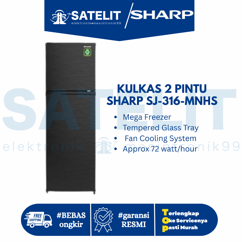 Sharp SJ‑316MNHS Kulkas 2 Pintu – Hemat Energi, Kapas Besar & Tahan Lama