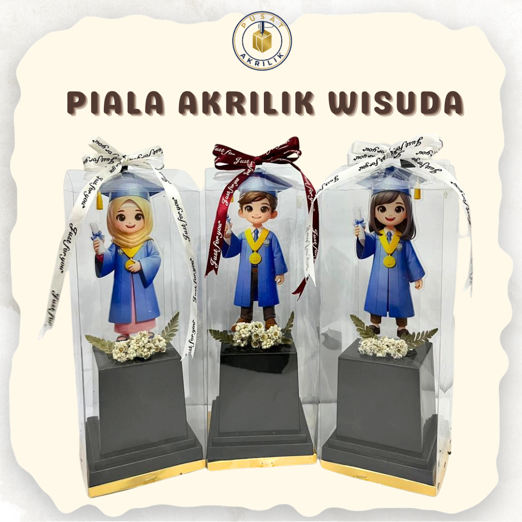 Piala Wisuda Akrilik Warna Biru + Kotak Mika Pita Bunga Untuk Hadiah, Kenangan