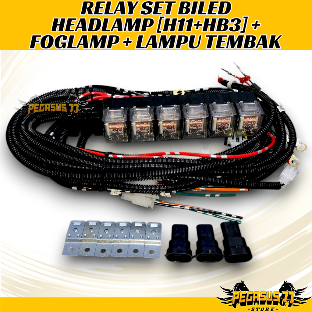 RELAY SET BILED HEADLAMP [H11+HB3] + FOGLAMP + LAMPU TEMBAK MOBIL 1 RANGKAIAN  ANTI DELAY (+DIODA) F