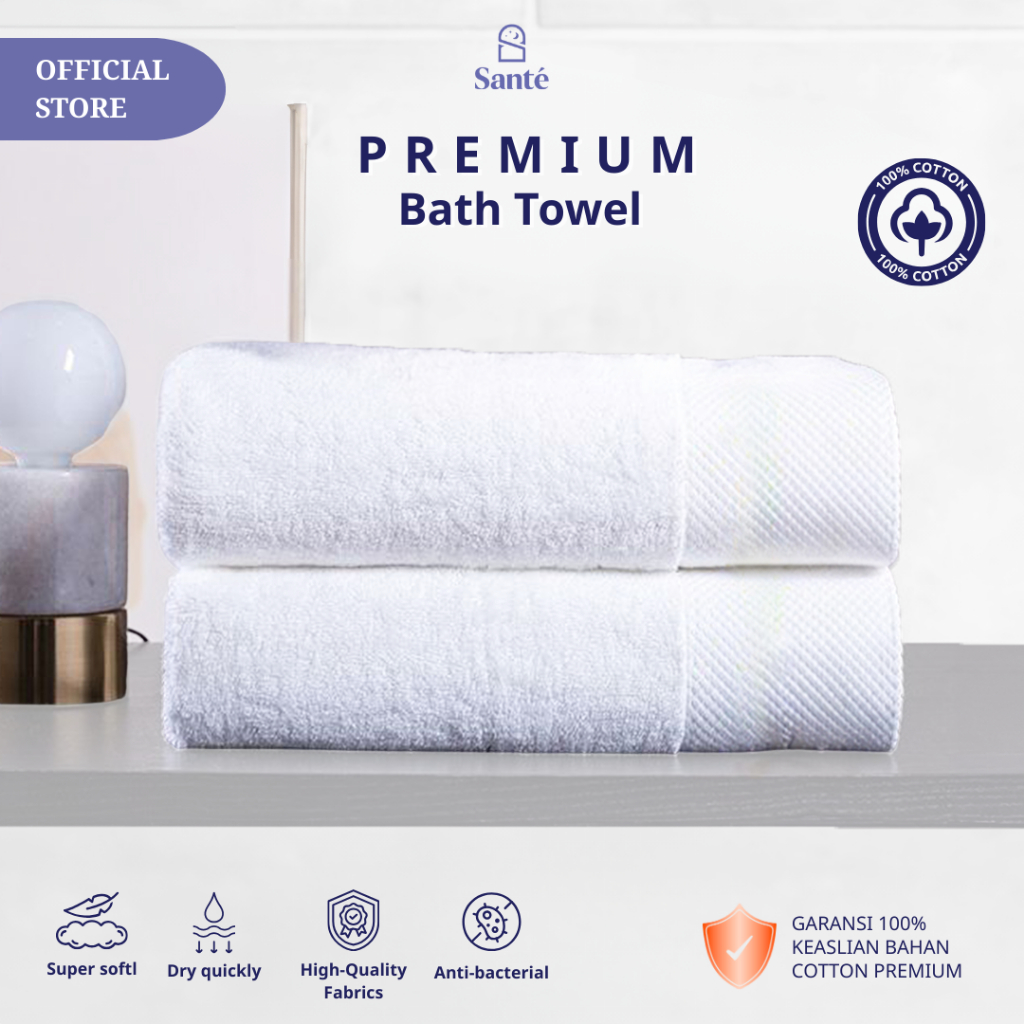 Santé - Bath Towel 100% Cotton Premium | Handuk Hotel | Handuk Mandi Dewasa Putih Polos | Anti Bakte