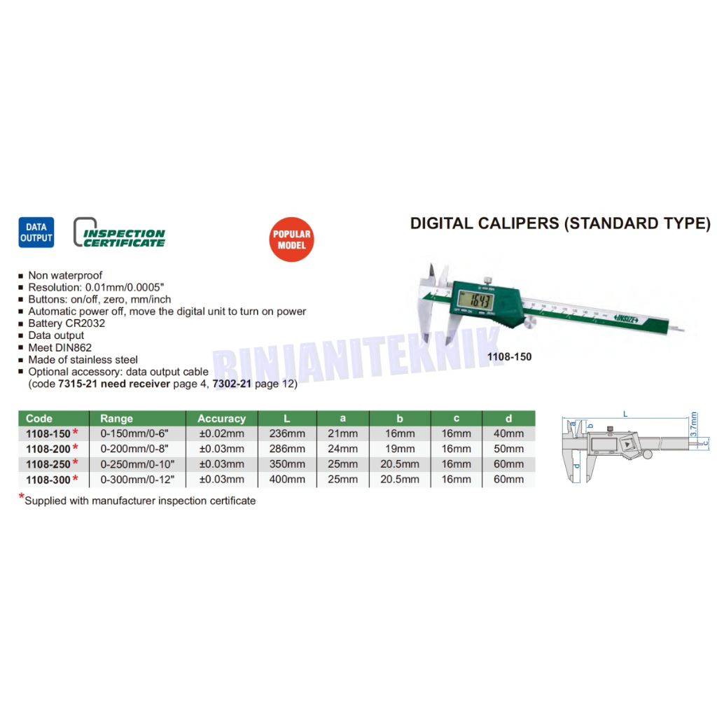 INSIZE Digital Caliper 150mm Original 1108-150 Sketmat kaliper