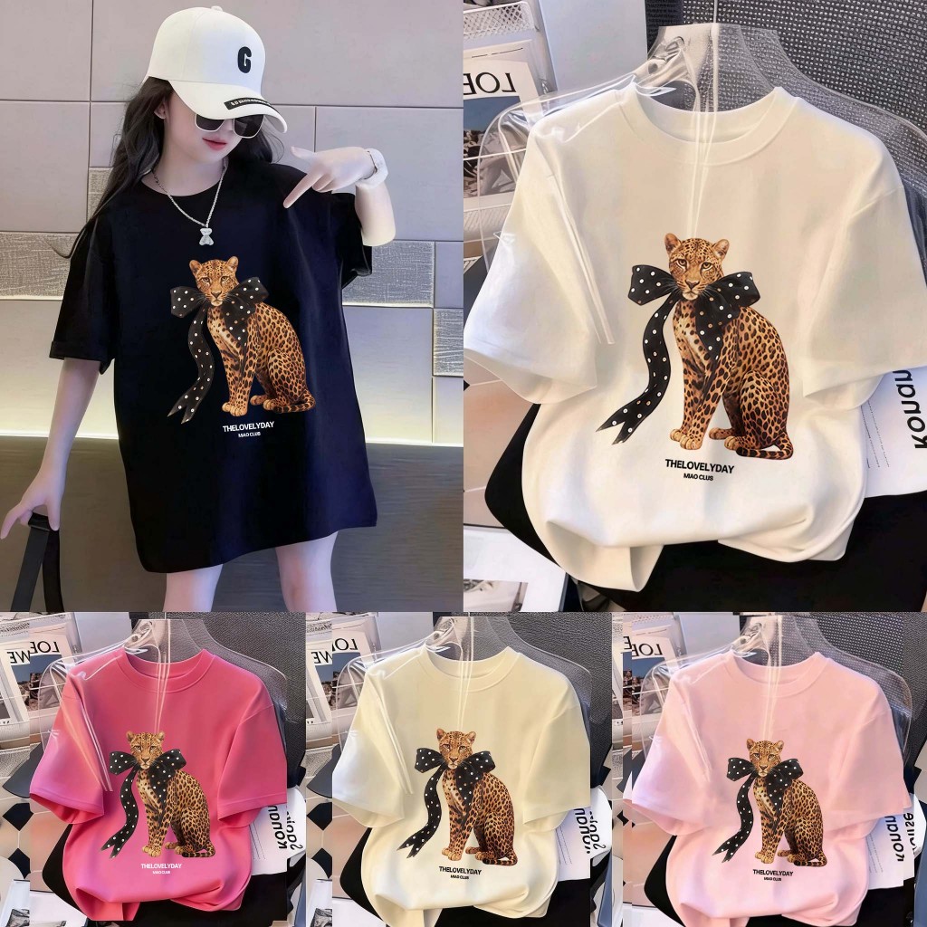 Top Sale Kaos Anak Perempuan Grafis Cetak Pita Macan Tutul Elegan| Gaya Korea Retro | Sablon Anti Lu