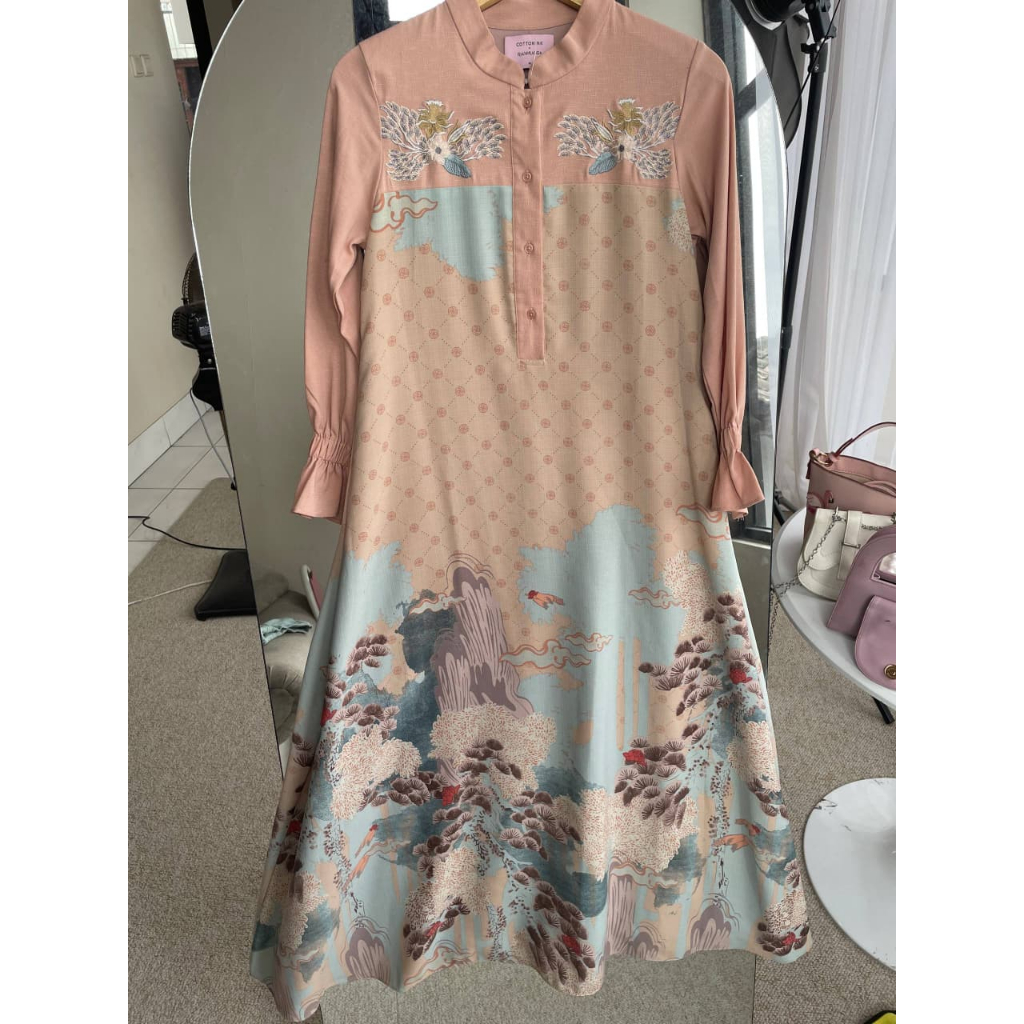 Dress Preloved Cotton Ink Motif Floral Ukuran XL Panjang 145-148cm Wanita