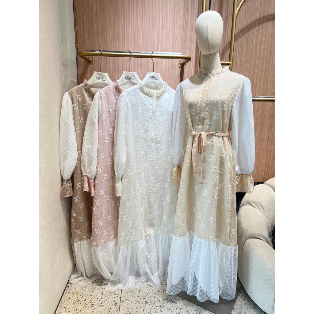 (COD) GBMJ BUTIK Gamis Wanita Vinicio Bordir Mewah Kerah Shanghai Bahan Crinkle Bertekstur
