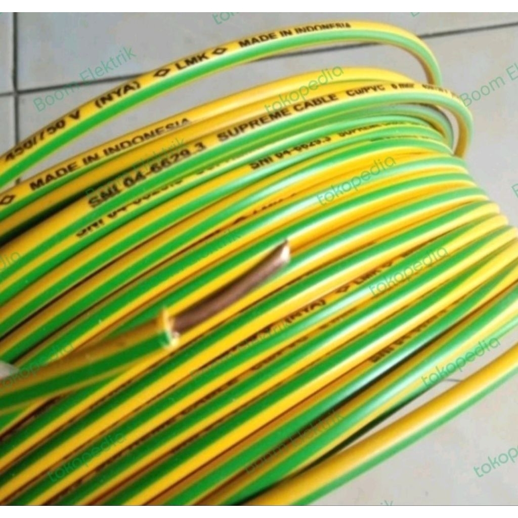 Kabel Nya Kawat Batang 6mm Kuning Hijau (Harga Permeter)