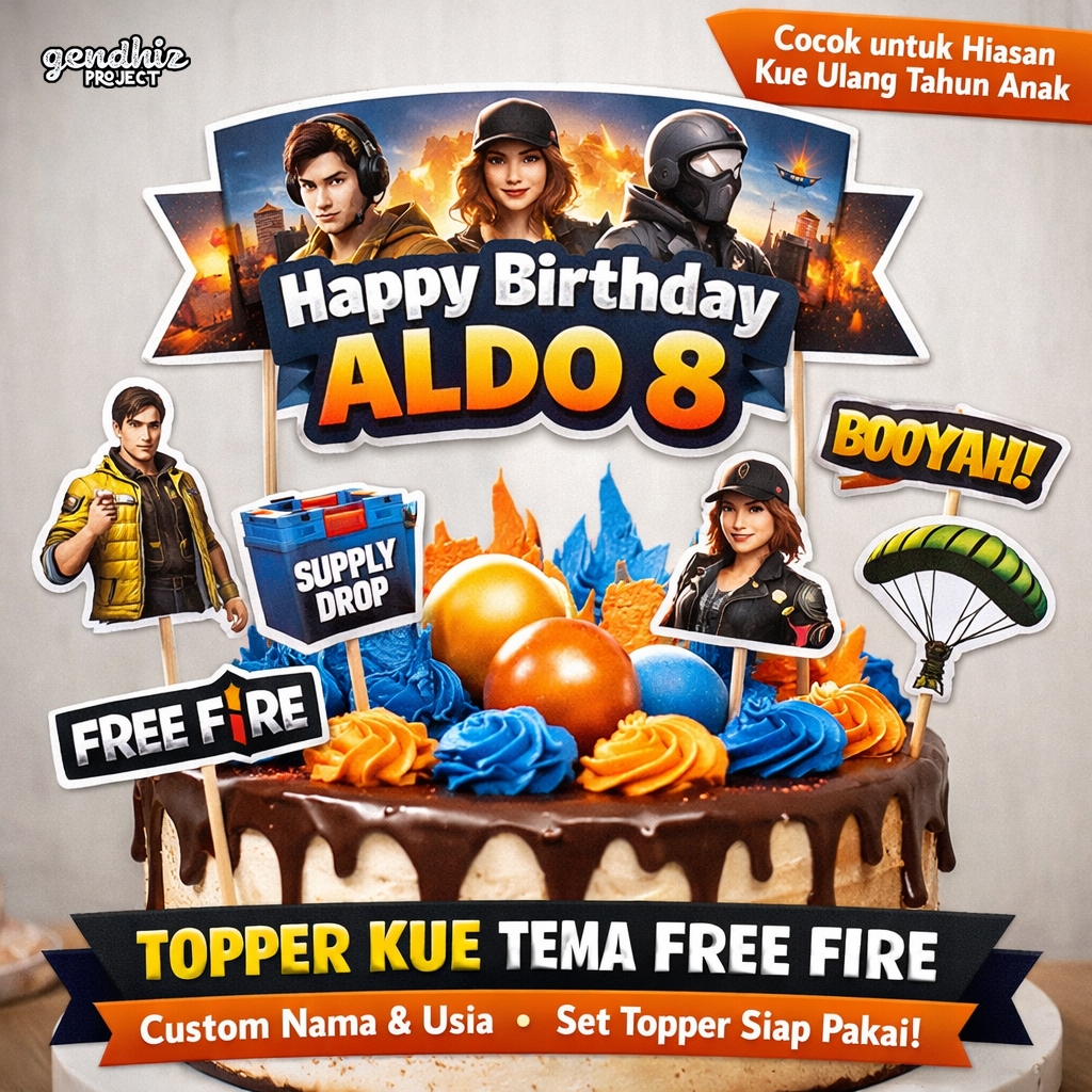 Topper Cake Free Fire Custom Nama & Umur | Ulang Tahun Anak Tema Game FF