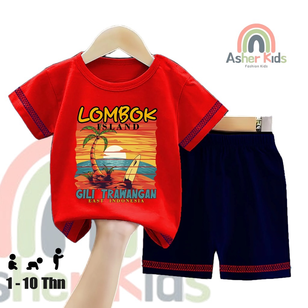 AsherKids - Baju Kaos Stelan Laki Laki Perempuan Gambar Lombok Gili Trawangan Kaos Stelan Murah Cowo