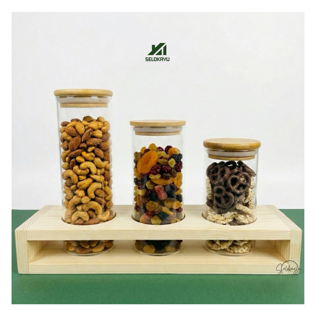 Rak Toples Cemilan/Toples Kue Lebaran/Display Penyimpanan Snack Bumbu Dapur/Rak Kayu Organizer Dapur