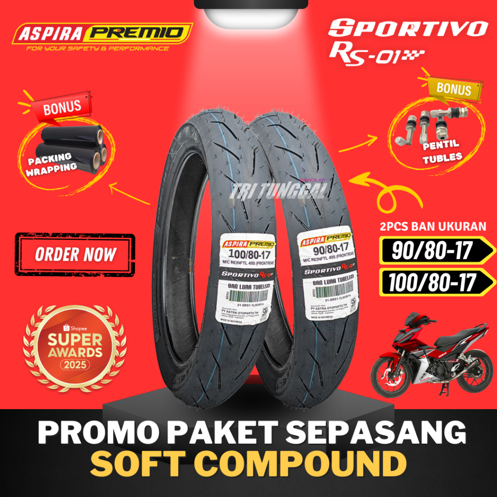 [PAKET TERMURAH SEPASANG] BAN ASPIRA PREMIO SPORTIVO RS01 RING 17  TUBELESS SOFT COMPOUND ( 90/80-17