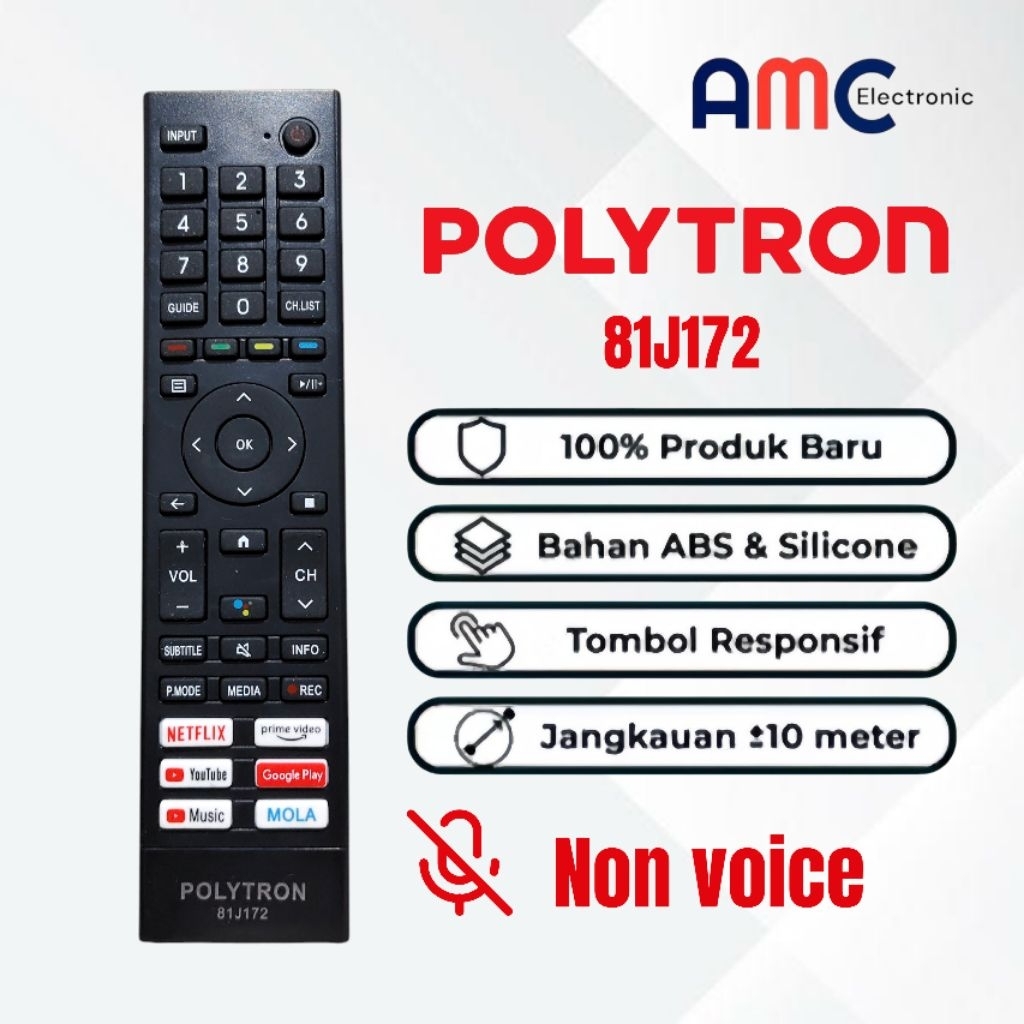 Remot Pengganti untuk Remote TV Polytron LCD LED Android Smart TV 81J172 81J208 IR Non VoiceRemote T
