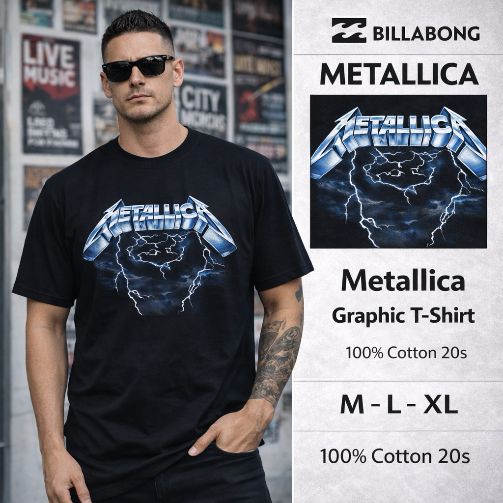 BILLABONG Original Kaos Surfing Pria Graphic Metallic Hitam Semi Oversize | T-Shirt Casual Premium C