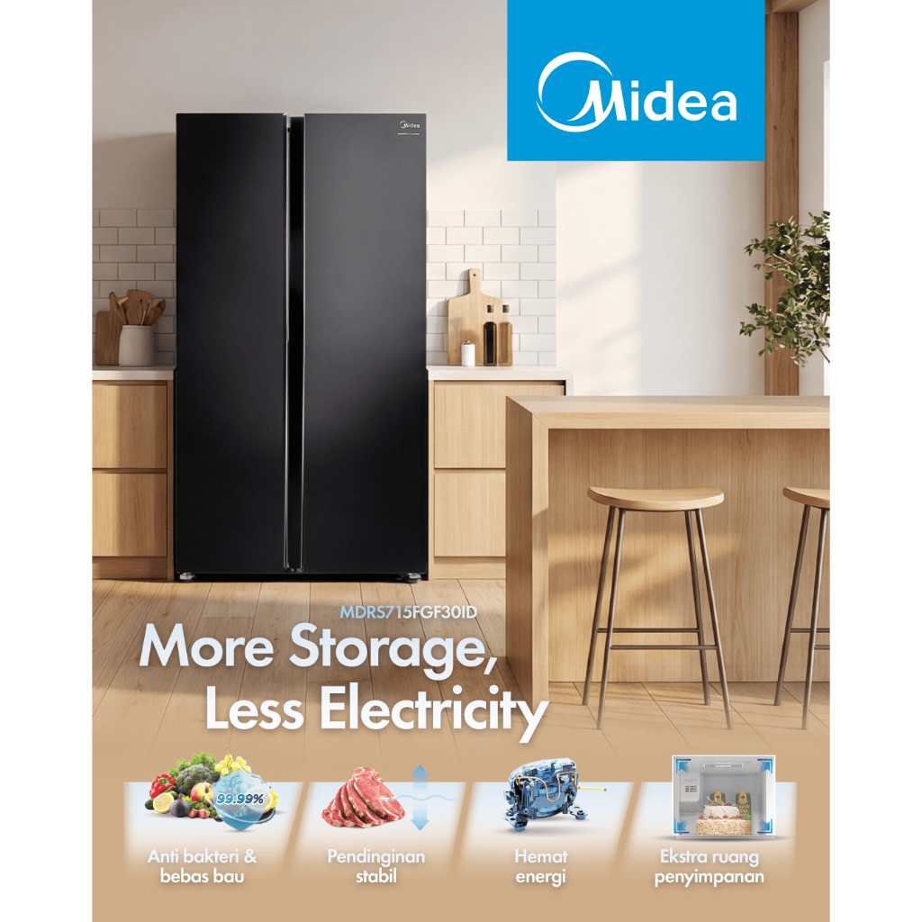 MIDEA Kulkas Side By Side Midea Kapasitas 558L - MDRS715FGF30ID Inverter Quattro