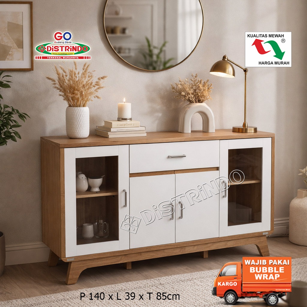 DISTRINDO Bufet Minimalis / Credenza 2pintu Kaca + 3Laci