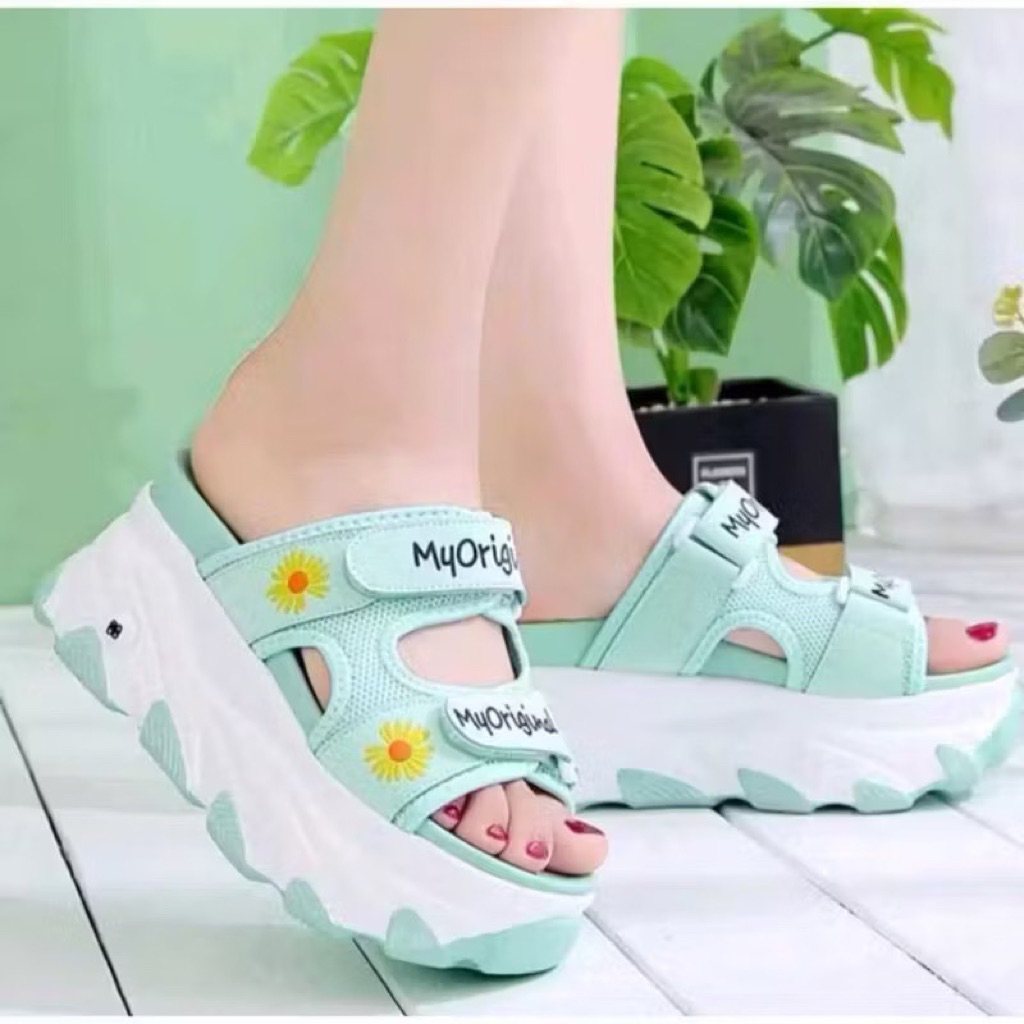 Sandal Wadges Selop Anak Perempuan dan Dewasa Korea Motif Bunga / sendal import anak cewek