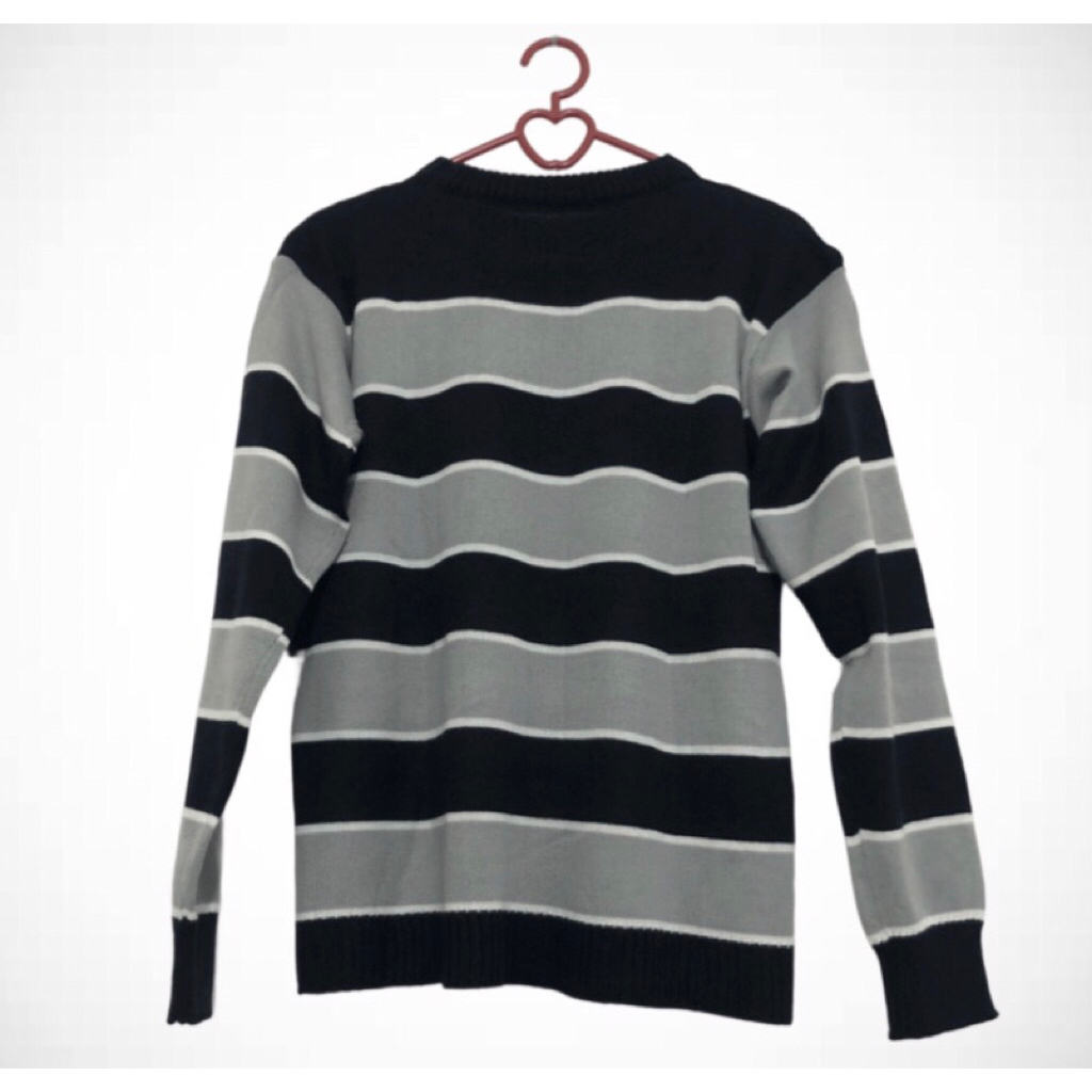 Sweater Pria Striped Knit Hitam Abu Putih | Atasan Rajut Casual | Preloved