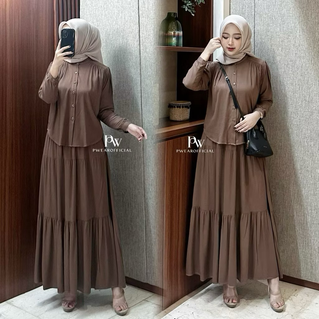 Claudia One Set Rok Polos 2in1 Bahan Rayon Twill Setelan Wanita Jumbo Set Rayon Rok Dan Blouse Kanci