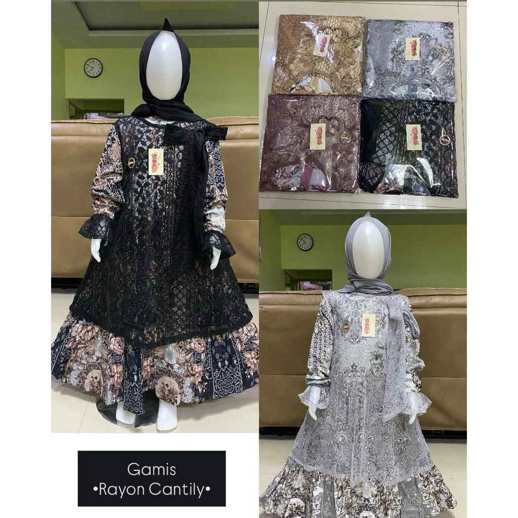 GAMIS OUTER 2 IN 1 ANAK PEREMPUAN BAHAN RAYON MIX TILLE SET HIJAB PASMINA ( USIA 6-13 TAHUN )