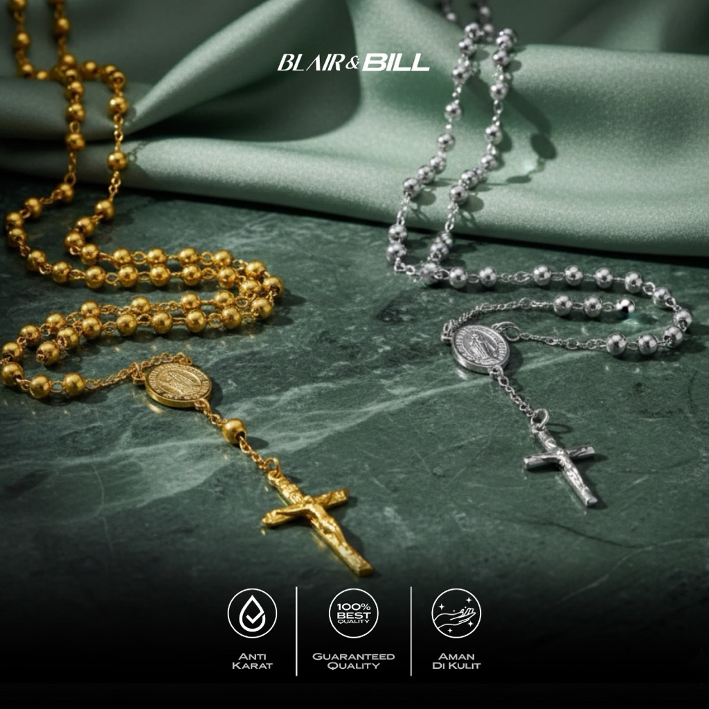BLAIR & BILL - Kalung Rosario Katolik Titanium Liontin Salib Anti Karat