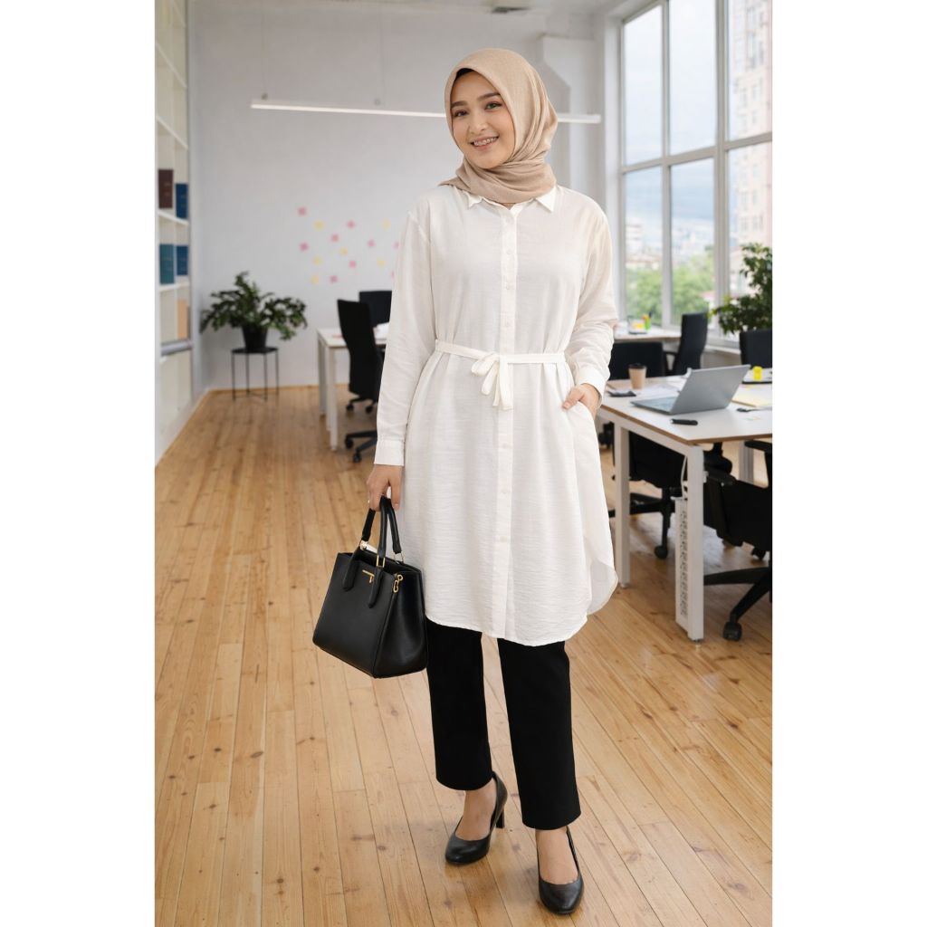 Nhm Tunik Putih Rayon Twill Model Kemeja – Cocok untuk Kerja, Kuliah, atau Hangout