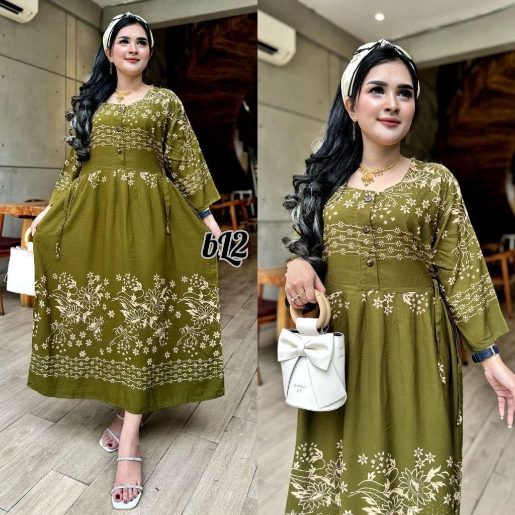 Longdress daster lengan panjang batik rayon kancing depan ibu hamil gamis baju wanita ibu menyusui