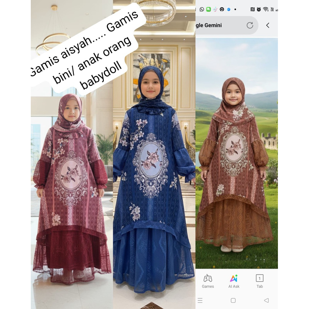 GAMIS MUSLIM ANAK PEREMPUAN BAHAN CERUTY MIX BROKAT TILE DILENGKAPI HIJAB ( USIA 6-12 TAHUN)