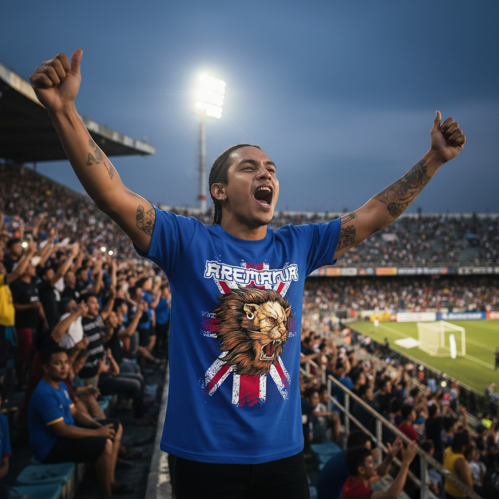 Kaos Aremania Inggris Bahan Katun Combed 24s Sablon Plastisol Biru Benhur