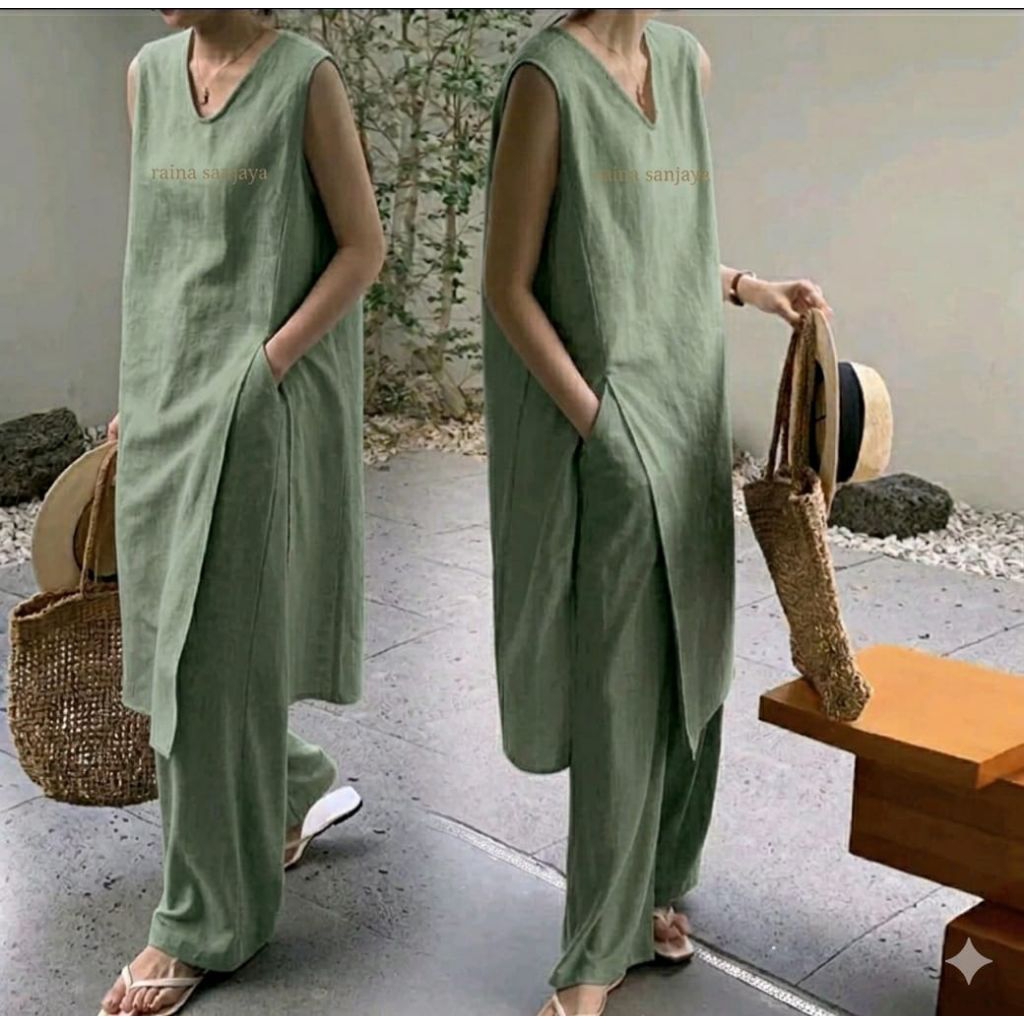 LUNA ONE SET LONG TUNIK||party dress wanita kerah v neck outdoor event slit cantik jumbo dress panta