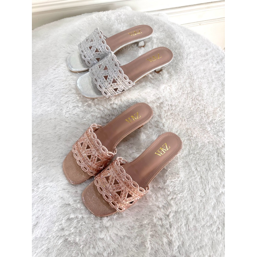 sendal heels wanita ZARA MT 2 bahan glitter sorovski import premium